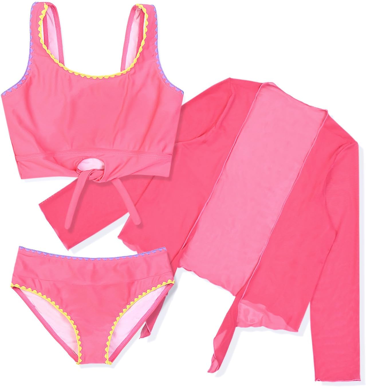 Mirawise Girls Bathing Suit Beach Bikini Swimsuit Set Tie Front 3 Piece Swimwear with Cover Up for 6-13Y