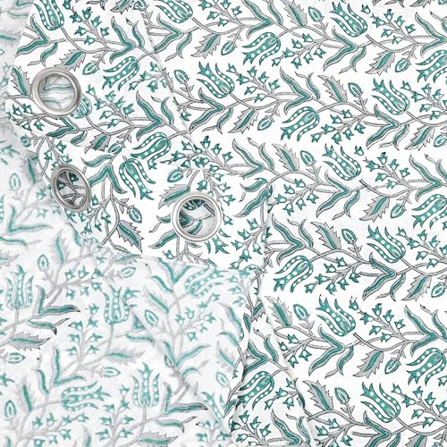 Image of BLOCKS OF INDIA Blackout Hand Block Printed Cotton Daylight Curtains with Eyelets(Set of 2 Curtains) (Block 6, 7 Feet /Door), White, Blue