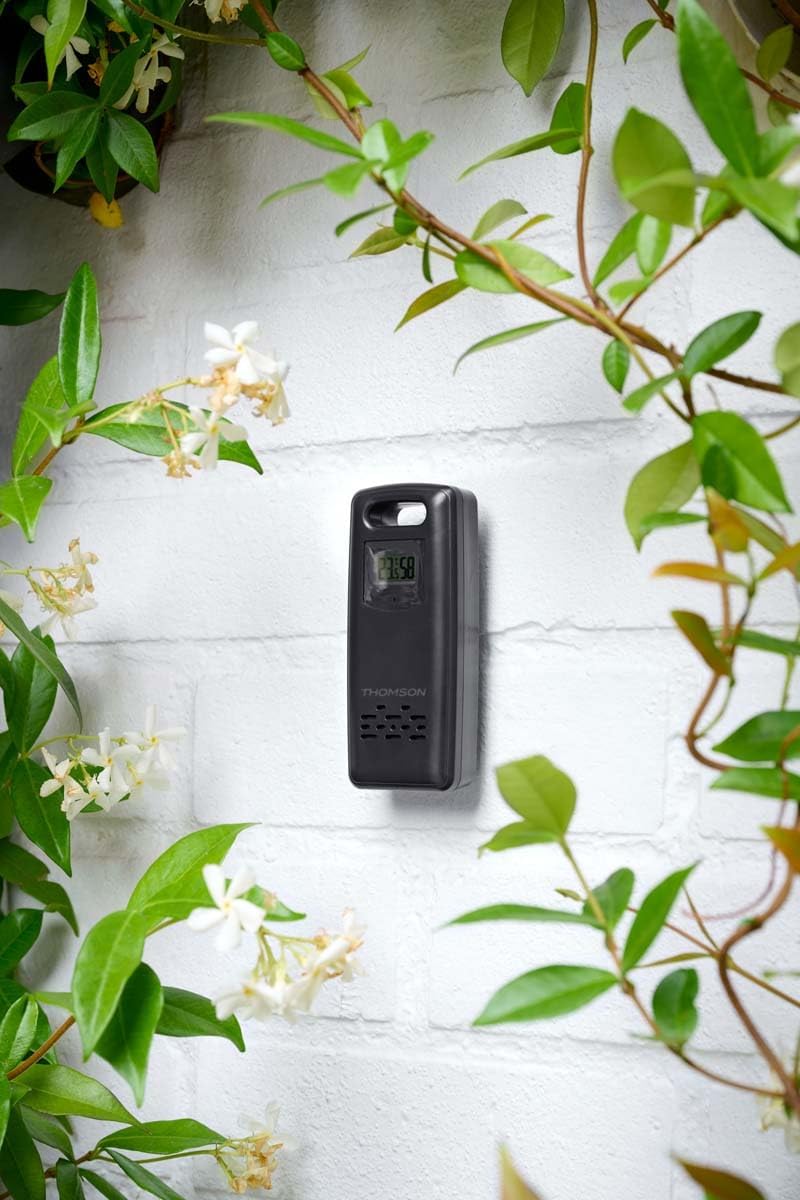 THOMSON Bluetooth-Lautsprecher 5.3 und kabellose Wetterstation, UKW-Radio, Funkuhr, Innen-/Außenthermometer und -hygrometer, Luftqualität, Holzgehäuse - Schwarz - WS102TBK