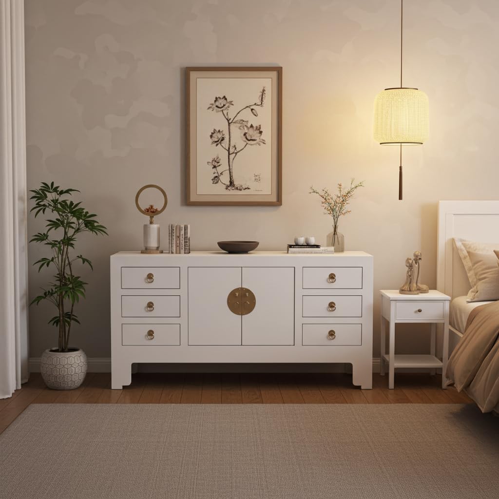 Fine Asianliving Mobile TV Cinese Bianco Neve - Orientique Collezione L121xP37xA61cm Chinesischer TV schrank China Oriental Asiatique Fernsehschrank TV Regal TV Tisch TV Möbel TV Board