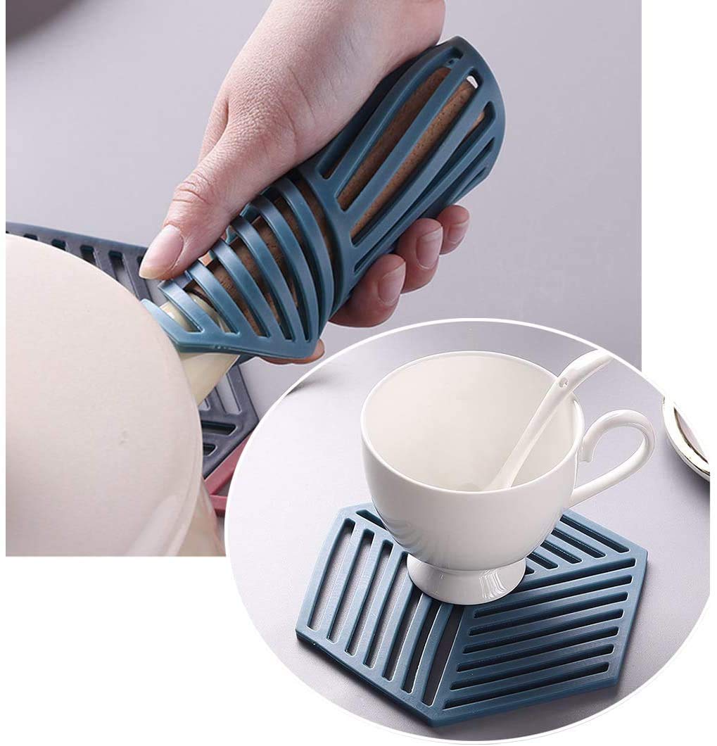 Naidev Silicone Trivet Mats and Hot Pads 6 PCs 6.33 5.5 in Hexagon Heat Resistant Multifuntion Kitchen Tool for Bowl Mats, Dish Mats, Place-mats, and Drink Coasters (Pack - 3 line Grey) 3