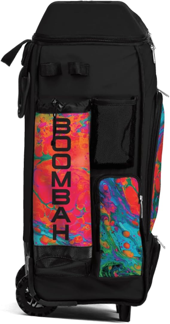Boombah DEFCON Superpack Rolling Bat Bag - Telescopic Handle and Holds 4 Bats - Wheeled Version - Lava 3 Multi