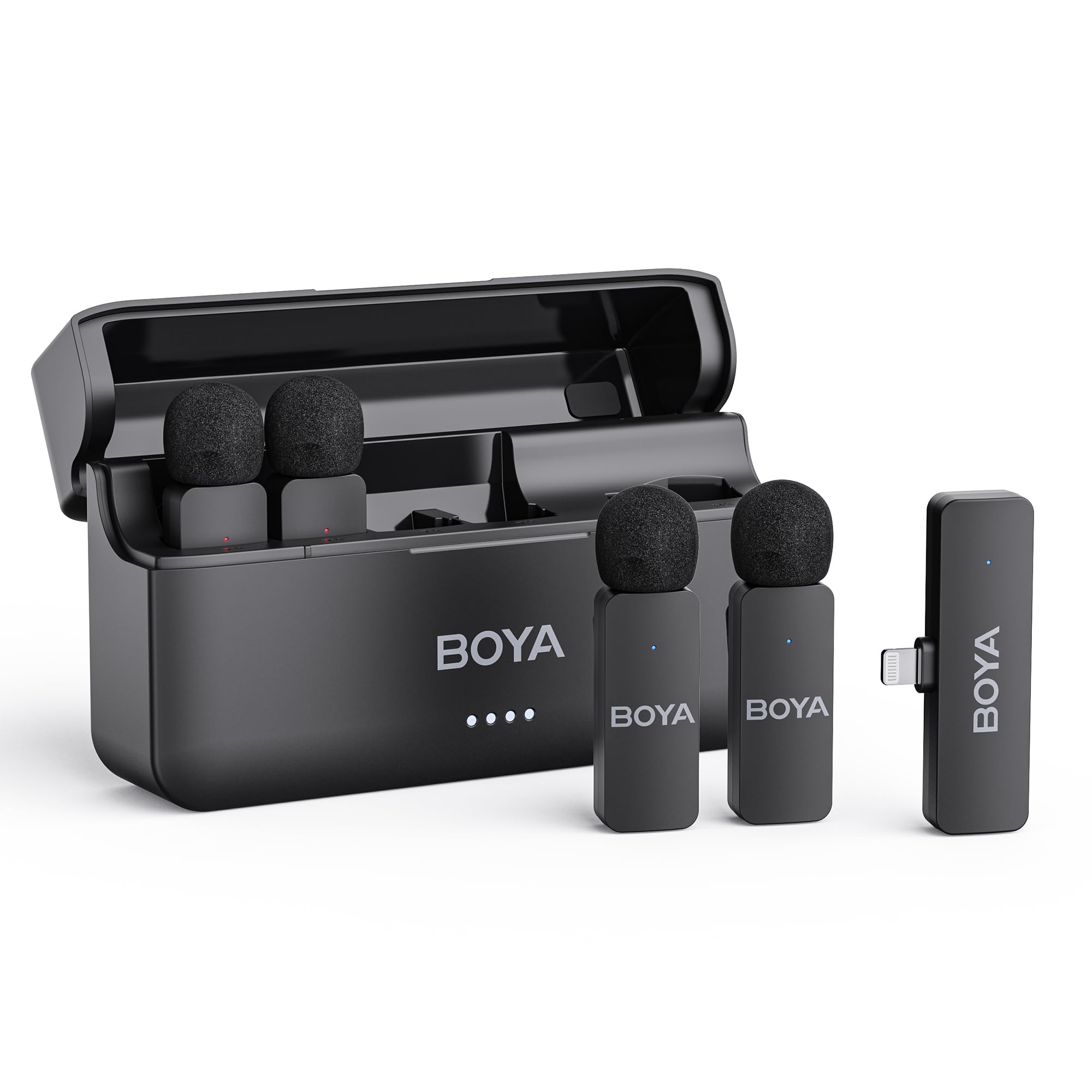 BOYA BY-V4D Wireless Lavalier Microphone for iPhone iPad with Charging case, 18H Battery Life, 650ft Range, 4-Channel Omnidirectional Noise Canceling Lapel Mics for Video Recording Interview Vlog