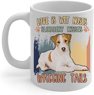 Funny White Red Parson Russell Terrier Coffee Mug 11oz - Love Is Wet Noses Slobbery Kisses Wagging Tails White Ceramic Cup - Gifts for Dog Lovers