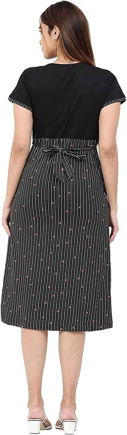 Label Women's Cotton Solid Midi Maternity Night Gown (Star & Moon)