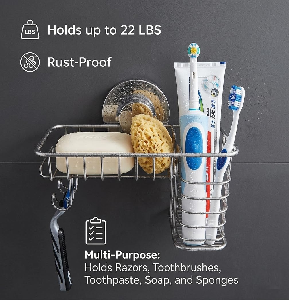 Soap Dish for Shower Suction Cup Powerful Vacuum System Rustproof 304 Stainless Steel Basket Sponges Holder with Razor Hooks for Bathroom or Kitchen Soap Holder (Silver)