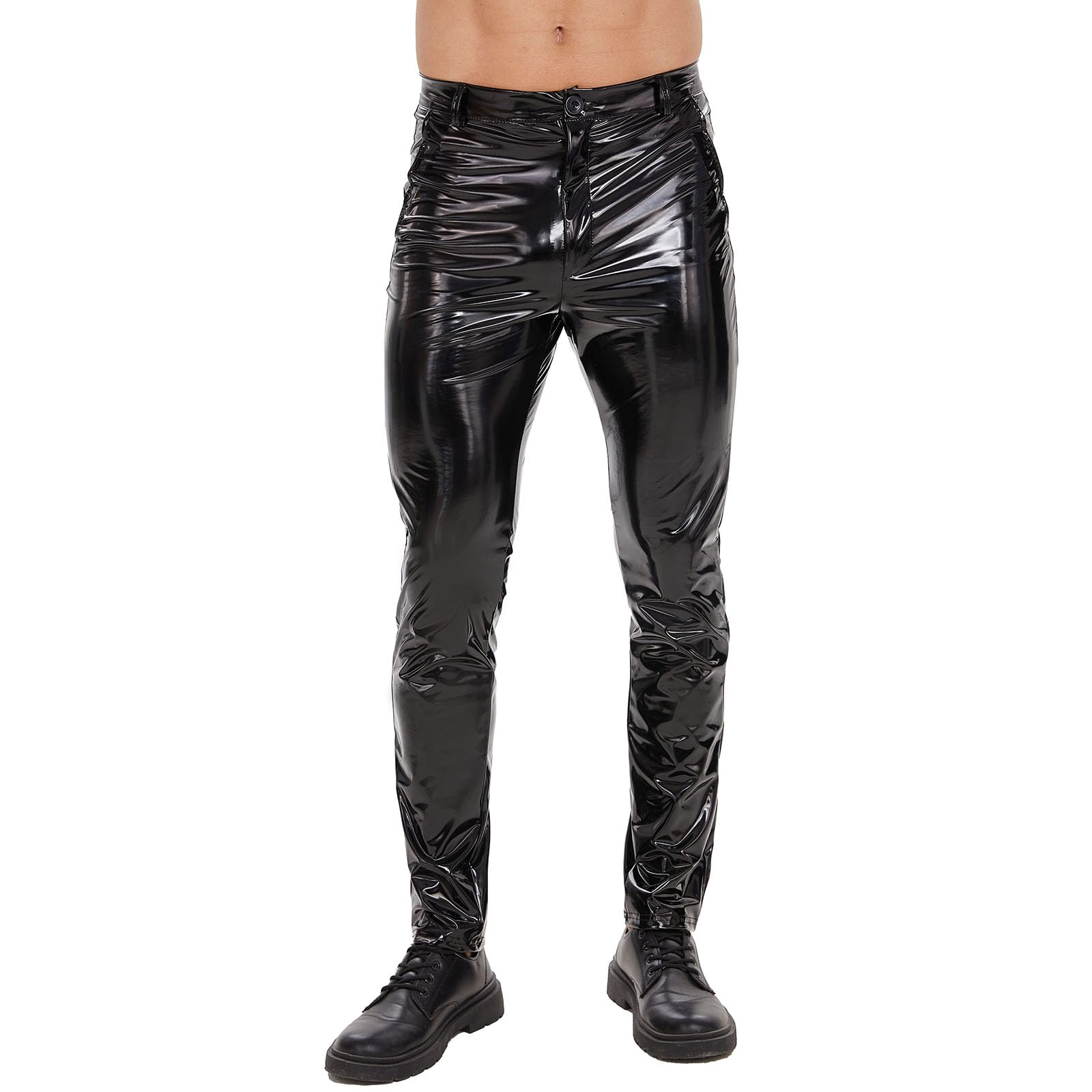 Pantalon en cuir brillant pour homme - Coupe sexy avec fermeture éclair - Aspect mouillé - Cuir synthétique - Pantalon droit et décontracté - Pour costume de cosplay, boîte de nuit - Noir