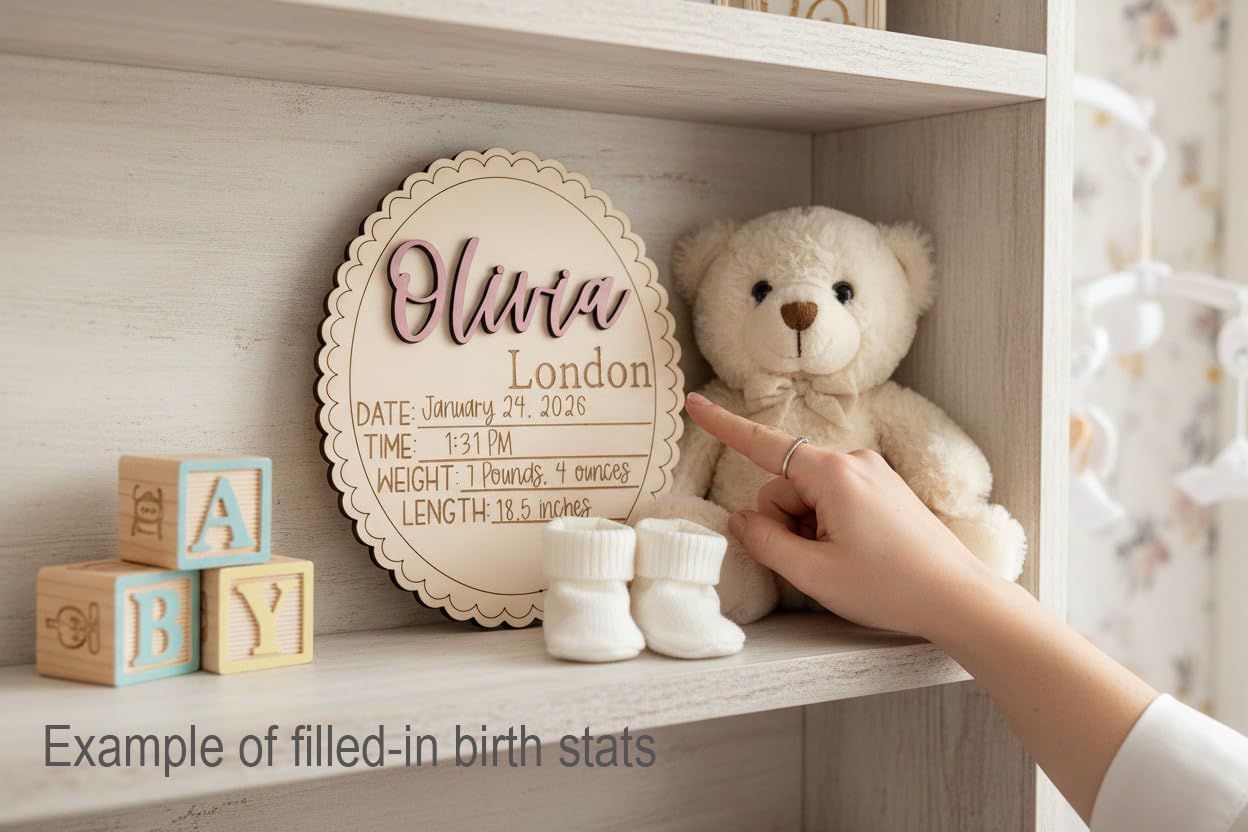 Personalized Goose with Bow Baby Announcement Sign Set, Custom Newborn Birth Stats Plaque, Scalloped Wood Name Sign, Hospital Photo Prop Nursery Decor (Bundle Name Sign + Stat Sign)