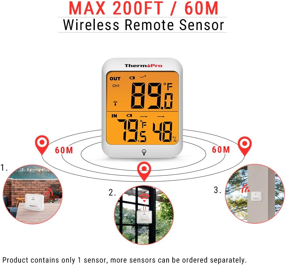 ThermoPro TP63 Digital Wireless Hygrometer Indoor Outdoor Thermometer Wireless Temperature and Humidity Monitor with Cold- resistant and Waterproof Humidity Gauge, 200ft / 60m Range