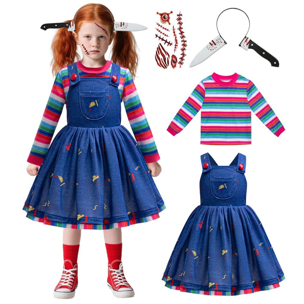 GMEDJVE Girls Halloween Killer Doll Costume for Kids Creepy Killer Doll Dress Toddler Horror Movie Cosplay Outfits Set 4PCS