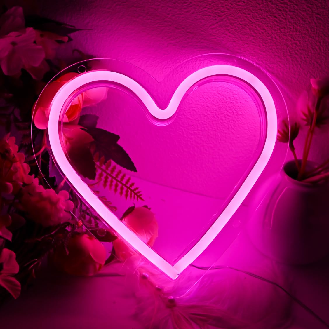 Planzo Neonowy znak LED z różowym sercem, zasilanie bateryjne lub zasilane przez USB, na ślub, walentynki, imprezę, do pubu, znak miłości, prezent urodzinowy, dom, różowy, pokój dziewczęcy, sypialnia