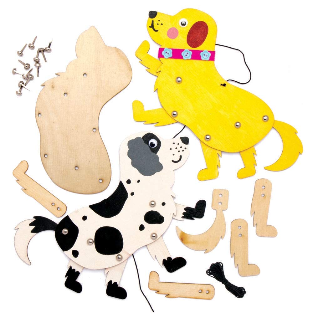 Baker Ross AT817 Dog Wooden Puppet Kits - Pack of 4, for Kids Arts and Crafts Projects