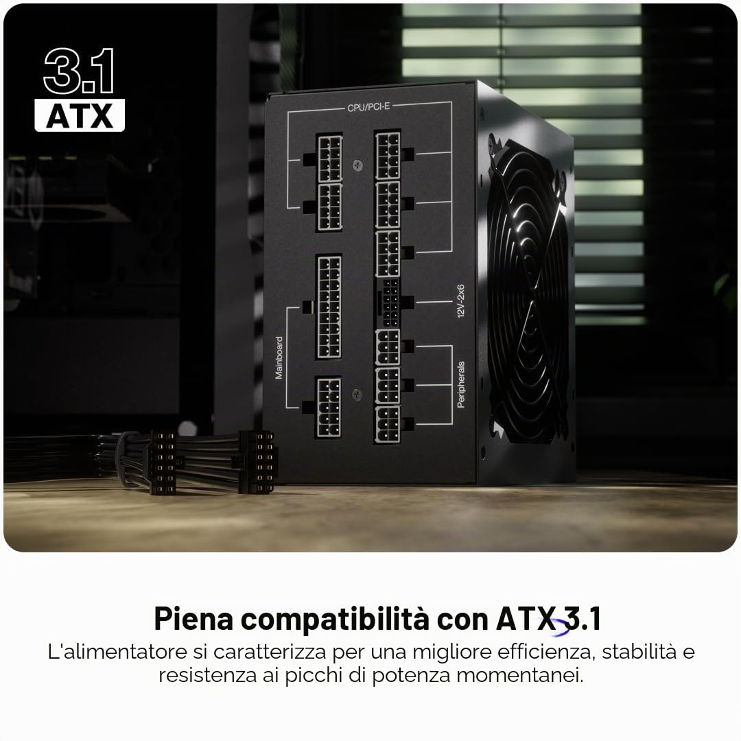 ENDORFY Supremo FM6 Gold 1000W, alimentatore ATX 3.1 per PC, certificazione 80 PLUS® Gold, funzionamento silenzioso, ventola Fluctus con cuscinetto FDB, condensatori 100% giapponesi, gestione dei cavi