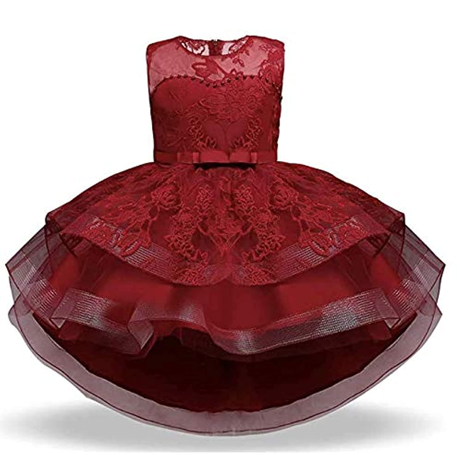 Yalla babY Kids Dress for Girls Flower Embroidered Tulle Gown with Bow Knot Princess Birthday Party Wedding Tutu Dress (120, Red)