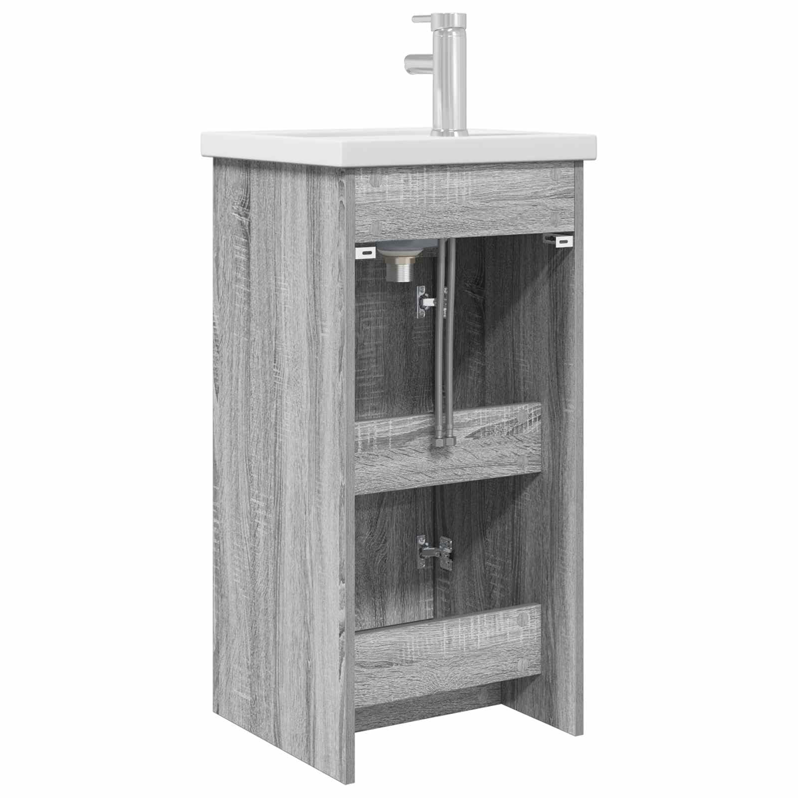 Mueble de baño con lavabo y grifo, gris Sonoma, 42 cm | Lavabo compacto con armario bajo para el pequeño cuarto de baño o aseo de invitados, incluye grifo.