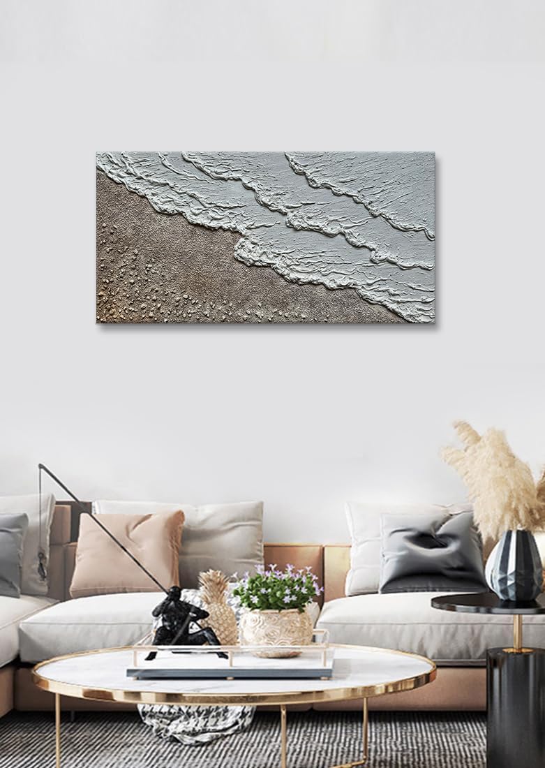 Large Oil Painting Hand-Painted Thick Texture Wave Beach Minimalist Modern Abstract Canvas Art Warm Acrylic Painting 24x48 Inches Home Office Wall Decoration