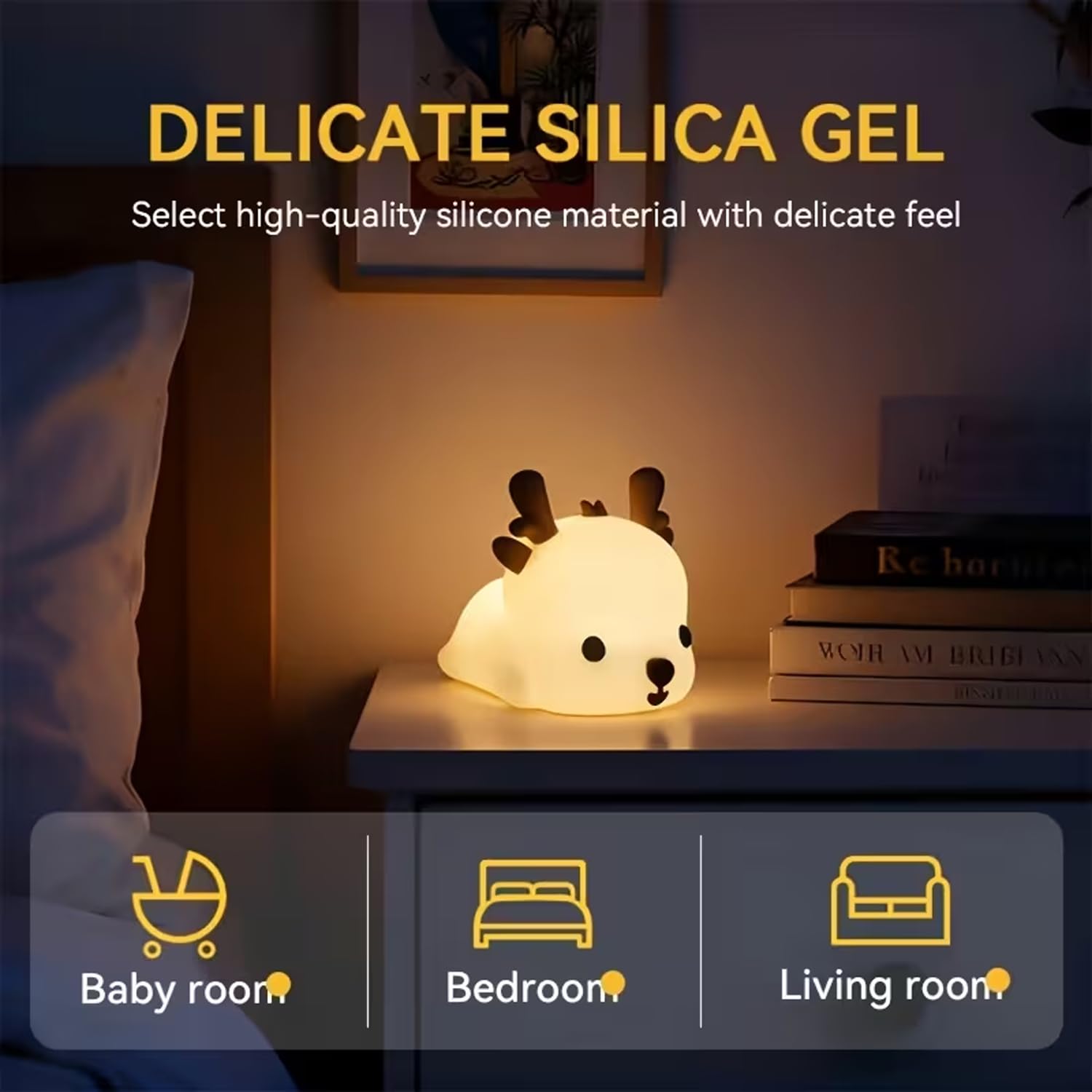 Luce notturna a LED per bambini Cervo Lampada da comodino Carina con 3 livelli di luminosità Luce silenziosa in silicone per neonati Lampada touch Ricarica USB Kawaii Luce camera da letto dei bambini