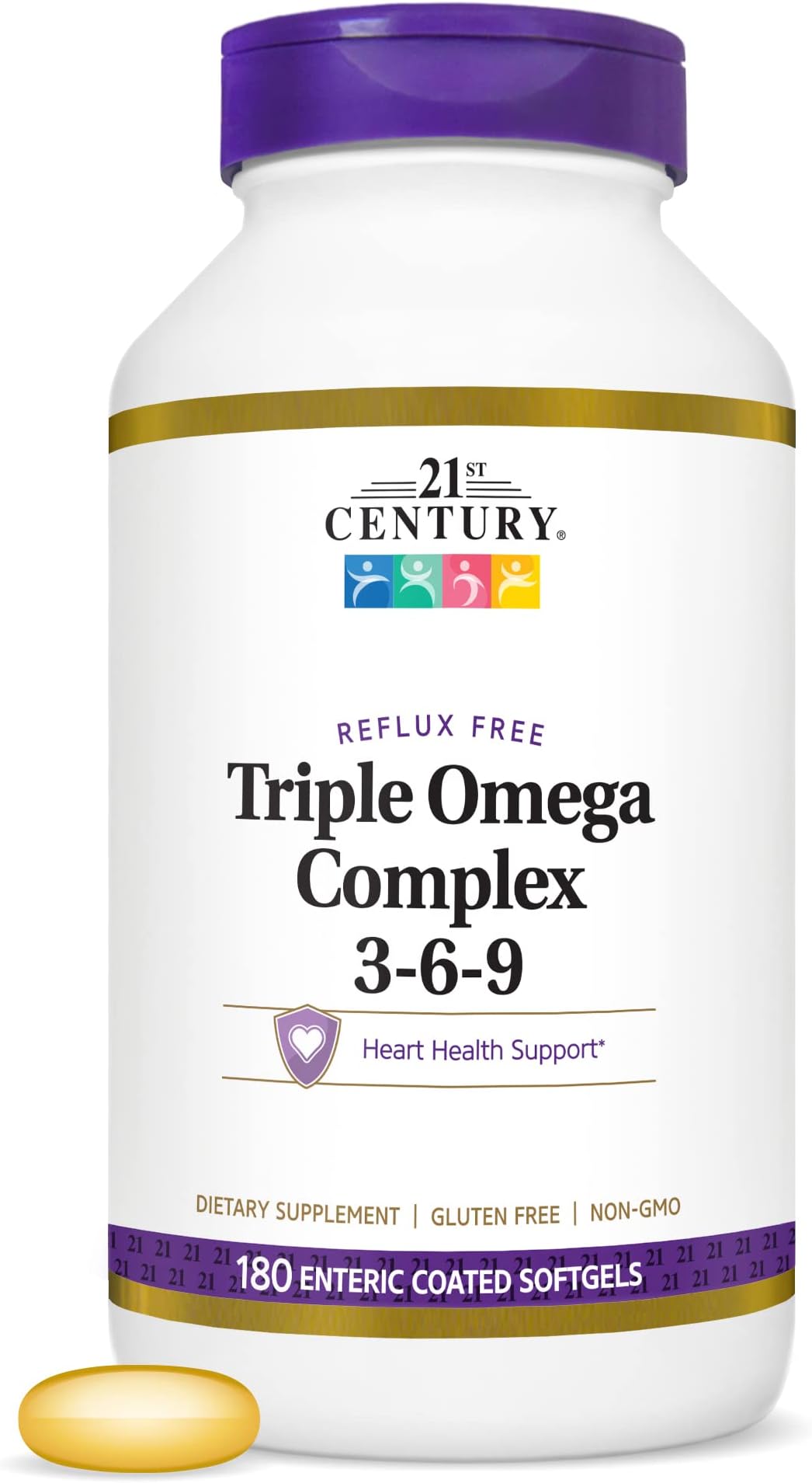 Triple Omega 3-6-9 Complex Softgels (180 Count), Fish, Flax & Borage Oils, EPA DHA Omega 3 Supplement for Heart Health Support, Enteric-Coated to Reduce Reflux, Non-GMO, Gluten-Free