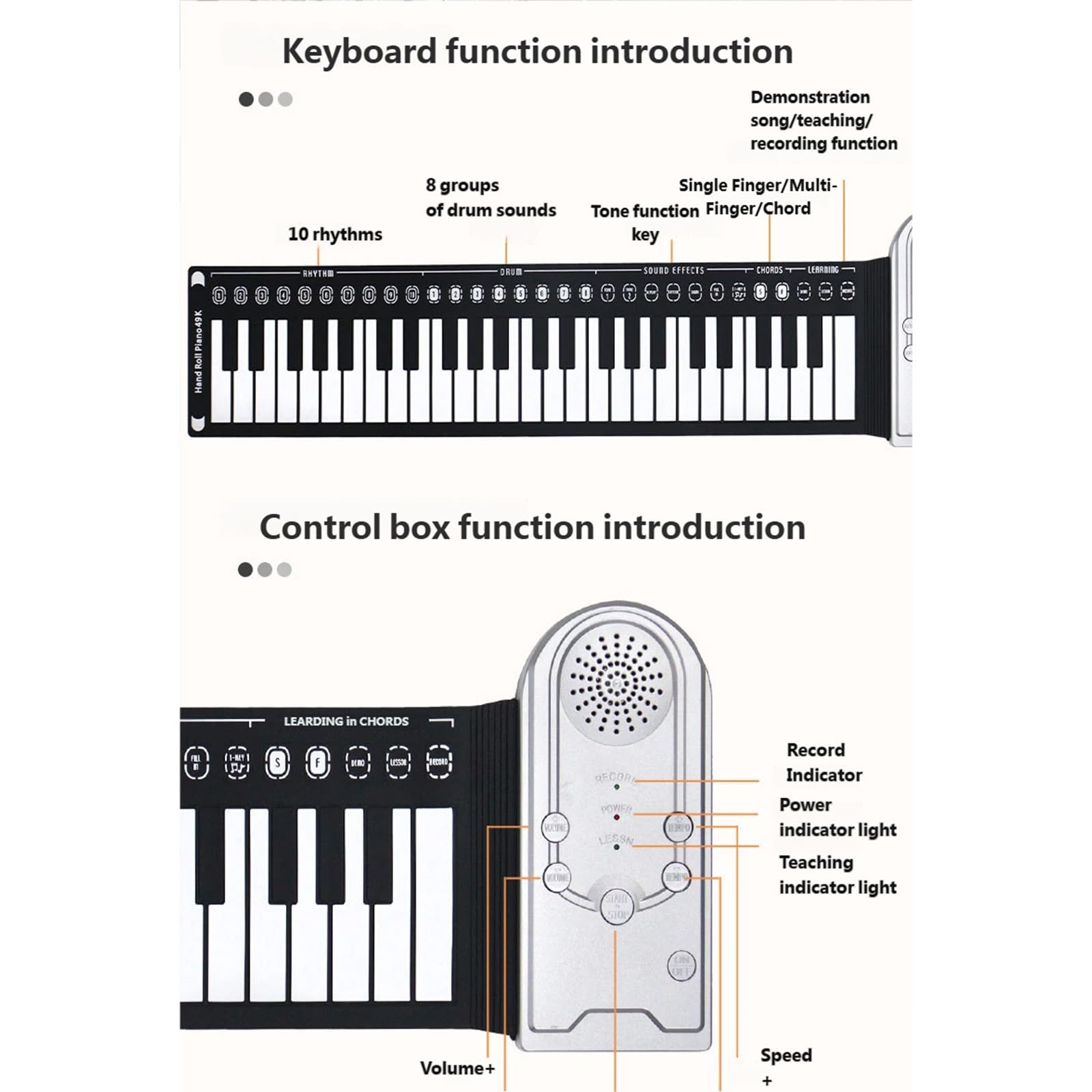 Práctico piano 49 con diseño plegable, conectividad USB, altavoces integrados, materiales de silicona para piano digital plegable compacto