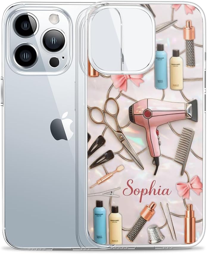 Personalized Hair Stylist Clear Phone Case, Custom Name Beauty Tools 3D Inflated Effect Case for Samsung iPhone, Gift for Hairdresser Women Men Elegant Salon, Hairstylist Birthday Gift 6