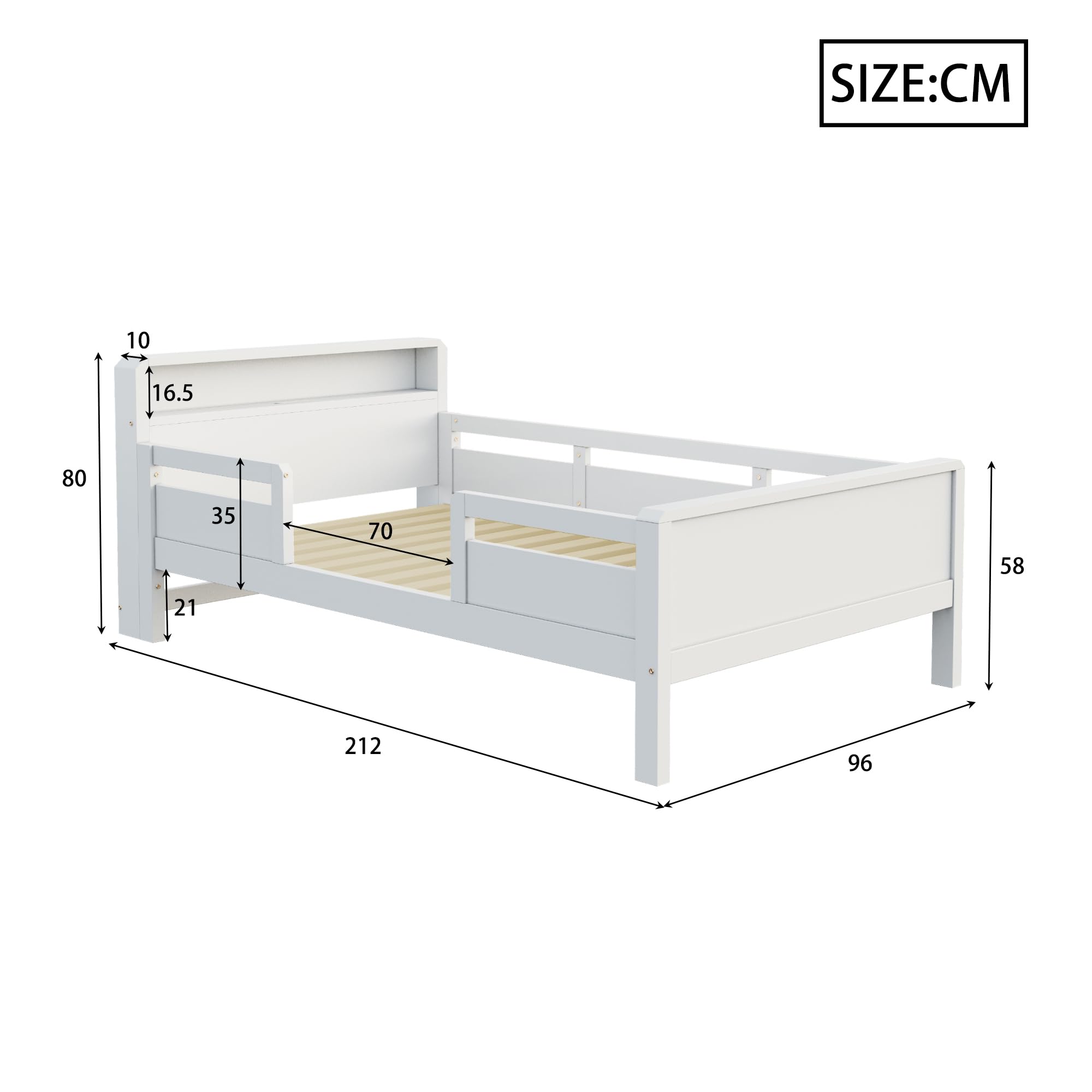 LED Bett 90x200 cm Kinderbett mit Rausfallschutz und Stauraum-Kopfteil, Kinder Bett Einzelbett mit USB-Type-C-Kombi-Steckdose, Holzbett Bettrahmen mit Lattenrost, Weiß, Ohne Matratze