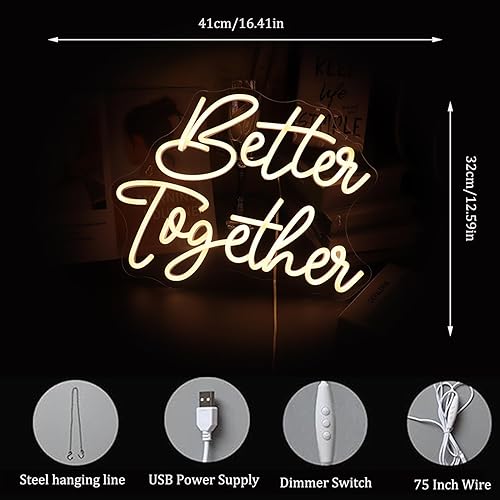 Miniatura 4 de QiaoFei Led Better Together - Letrero de neón con letras alimentadas por USB con interruptor de atenuación, luces de neón para bodas, compromisos,