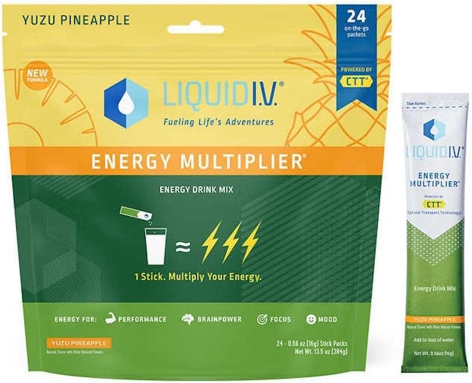 Liquid I.V. Energy Multiplier Yuzu Pineapple, 24 Individual Serving Stick Packs in Resealable Pouch