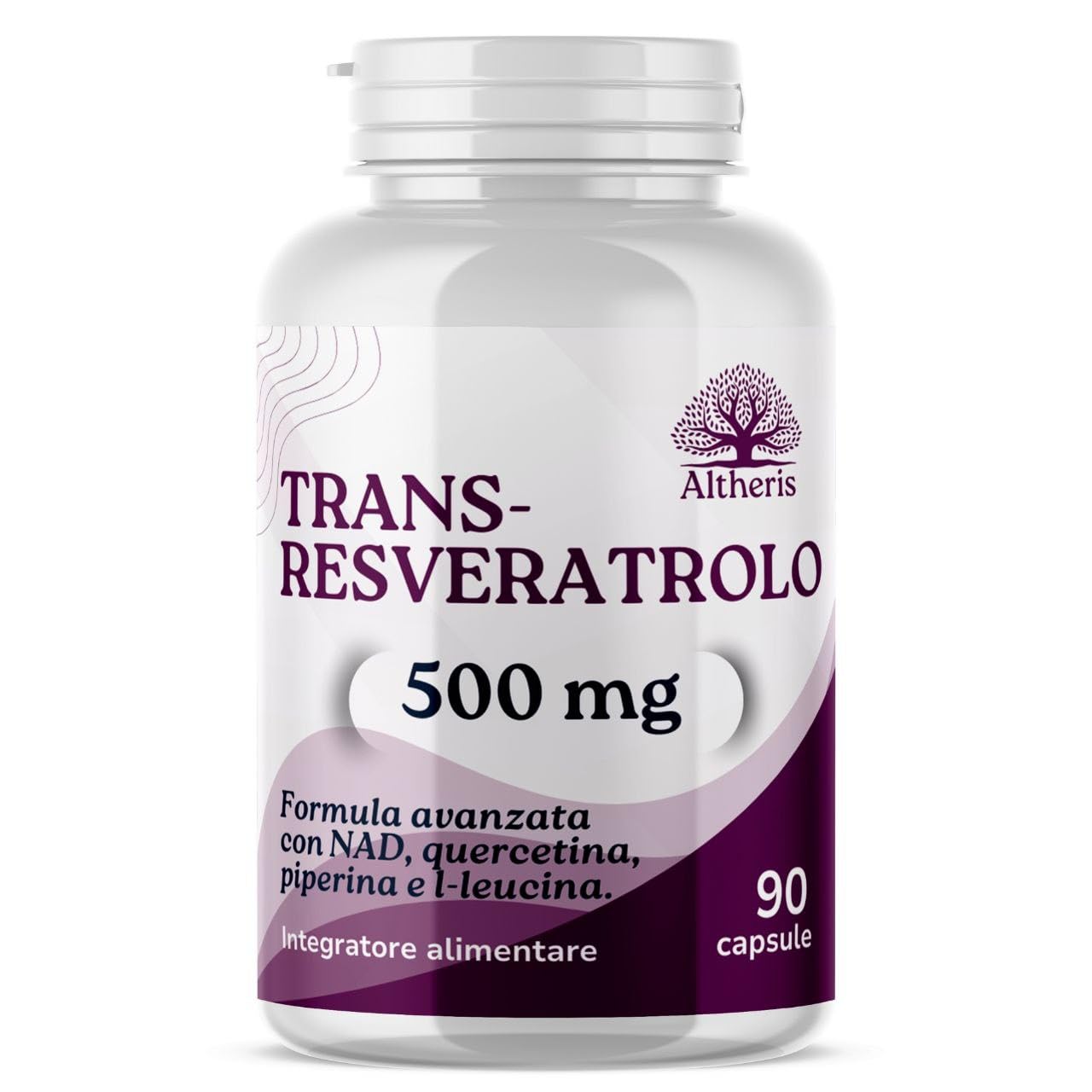 Trans Resveratrolo 500mg Puro NAD 90Cps con Quercetina L-Leucina e Piperina - Trans Resveratrolo Sirtuine, Polifenoli, Antietà, Antiossidante Naturale
