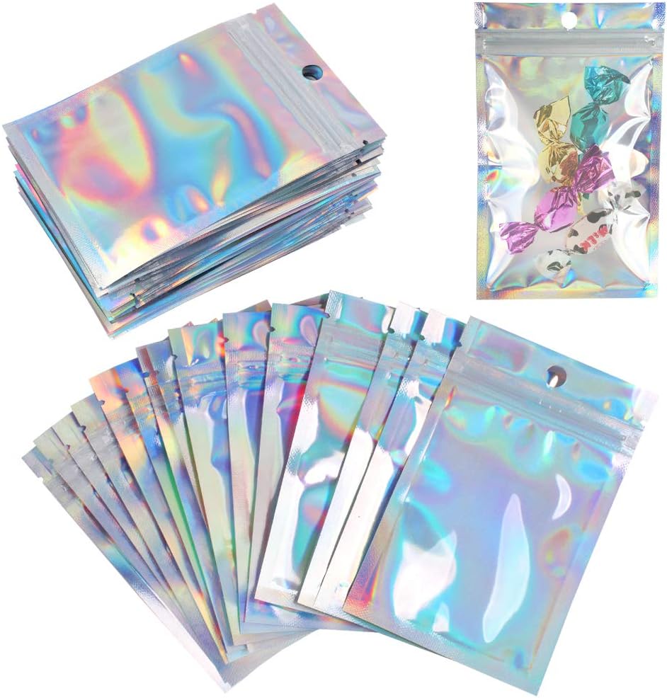 ZGTS Mylar Zip Lock Bag, 50PCS Resealable Smell Proof Aluminum Foil Clear Golden Bag Flat Ziplock Durable Gift Packaging Bag Food Storage for Candy Cookies Party Jewelry (7.5 * 12CM)