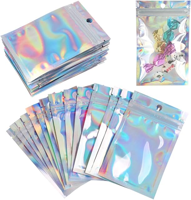 ZGTS Mylar Zip Lock Bag, 50PCS Resealable Smell Proof Aluminum Foil Clear Golden Bag Flat Ziplock Durable Gift Packaging Bag Food Storage for Candy Cookies Party Jewelry (7.5 * 12CM)