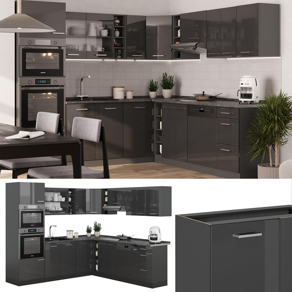 Vicco Cuisine en Angle R-Line Anthracite Haute Brillance 247x46cm sans PT