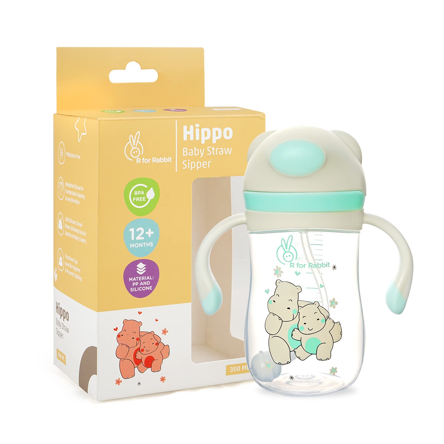 R for Rabbit Premium Hippo Baby Straw Sipper Bottle |10 fl oz | Anti Spill Sippy Cup with Soft Silicone Straw BPA Free &