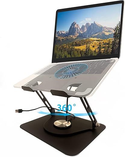 TARKAN 360° Rotating Laptop Stand with Fan, Supports 12″-17” Laptops Upto 5kg, Carbon Steel with Anti Rust Body Built-in Cooler Fan (Black)