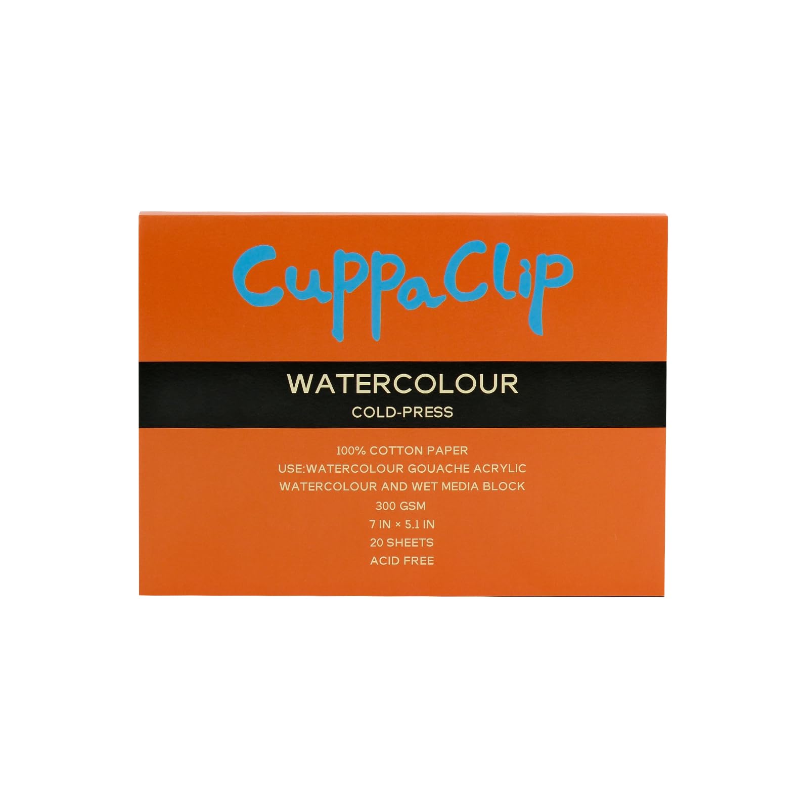 CuppaClip Watercolor Paper Block Pure Cotton Art Paper Pad 300GSM(140LB) Acid-Free 20 Sheets Watercolor Art Supplies (Cold Press, 7x5.1in)