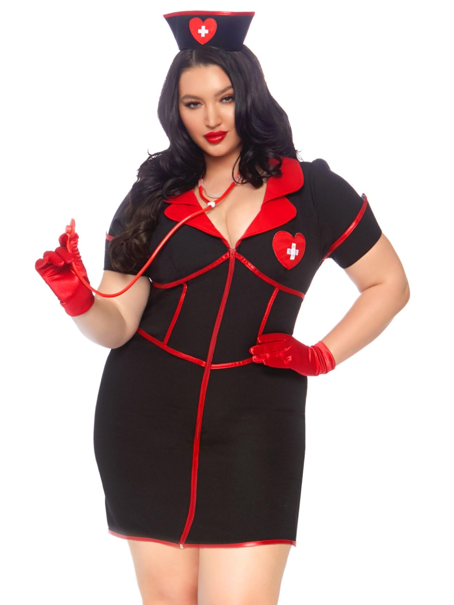 Leg Avenue Women's 2 Pc Bedside Babe Nurse Costume with Dress, Hat: Black/Red 1X/ 2X