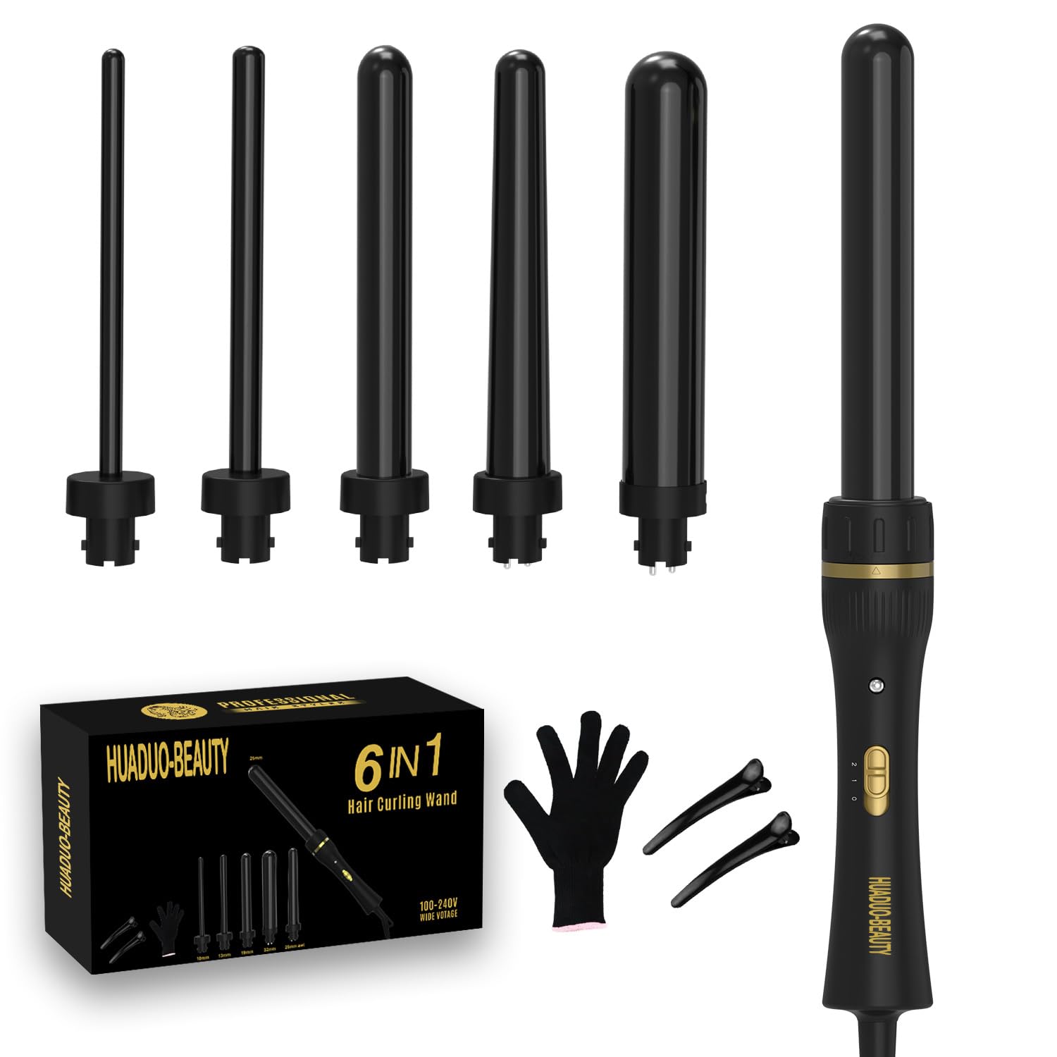 HUADUO Lockenstab-Set - 6 in 1 mit Verschiedenen Aufsätzen 10-13-19-25-32 Runder & 25mm konischer, Keramik-Turmalin-Beschichtung