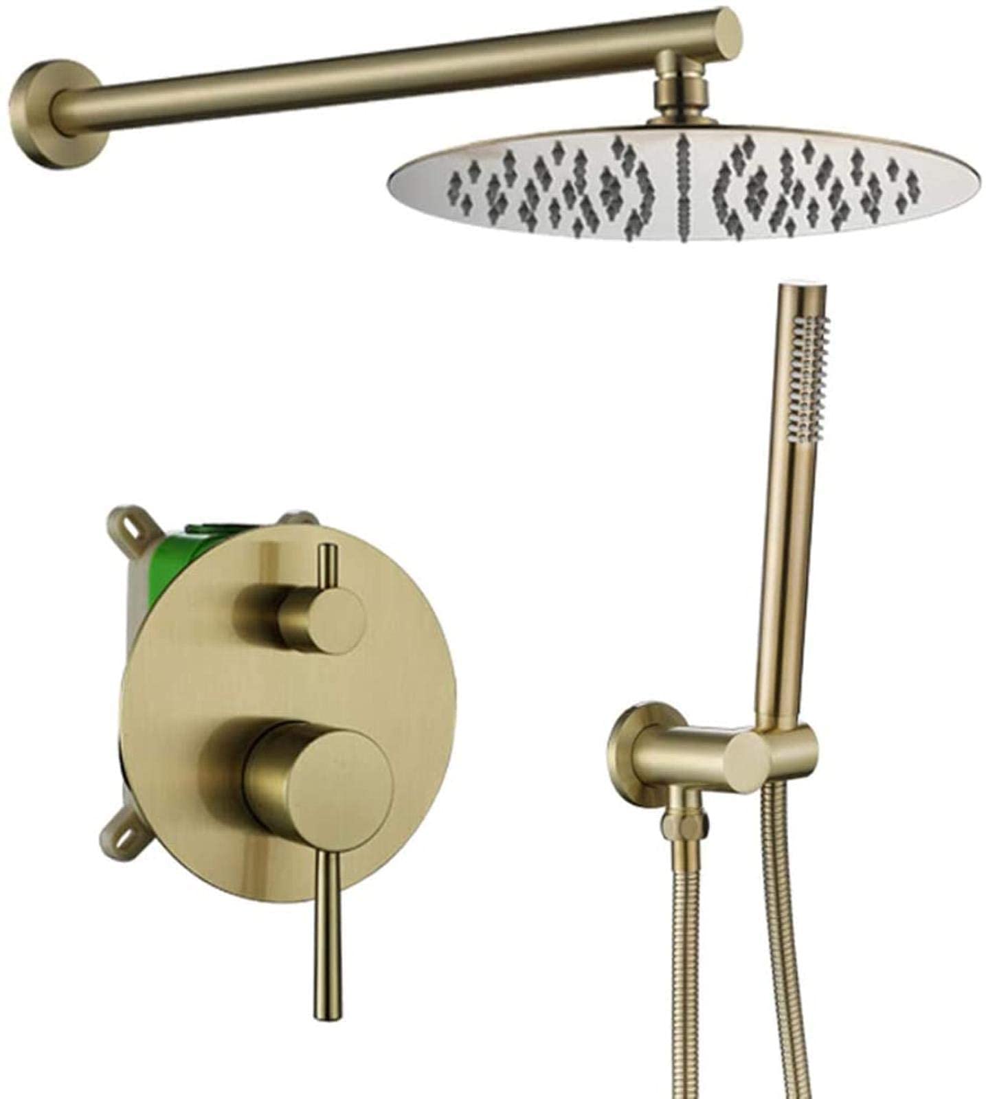 Robinet de douche mitigeur en or brossé mural avec pommeau effet pluie et douchette