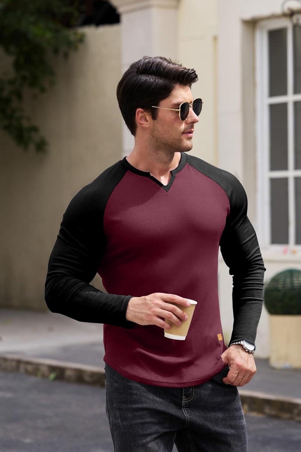 JMIERR Mens Long Sleeve Muscle T Shirts Casual V-Neck Longline Ribbed Tee Shirts - Image 7