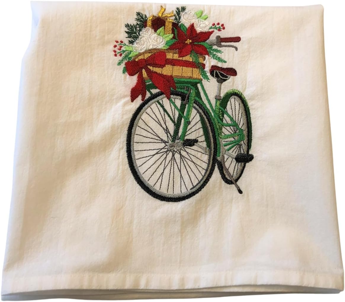 Christmas Bouquet Bicycle Embroidered Flour Sack Tea Towel, Dish Towel, Kitchen Gift
