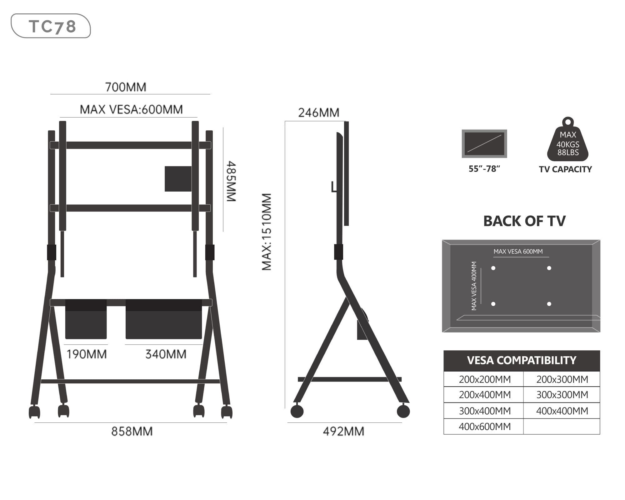 FITUEYES Supporto TV da Pavimento per Schermi 55 60 65 75 78 Pollici con Ruote, Carrello Moderno Mobile TV ad Angolo con Ripiani in Legno, Serie COLLECTOR