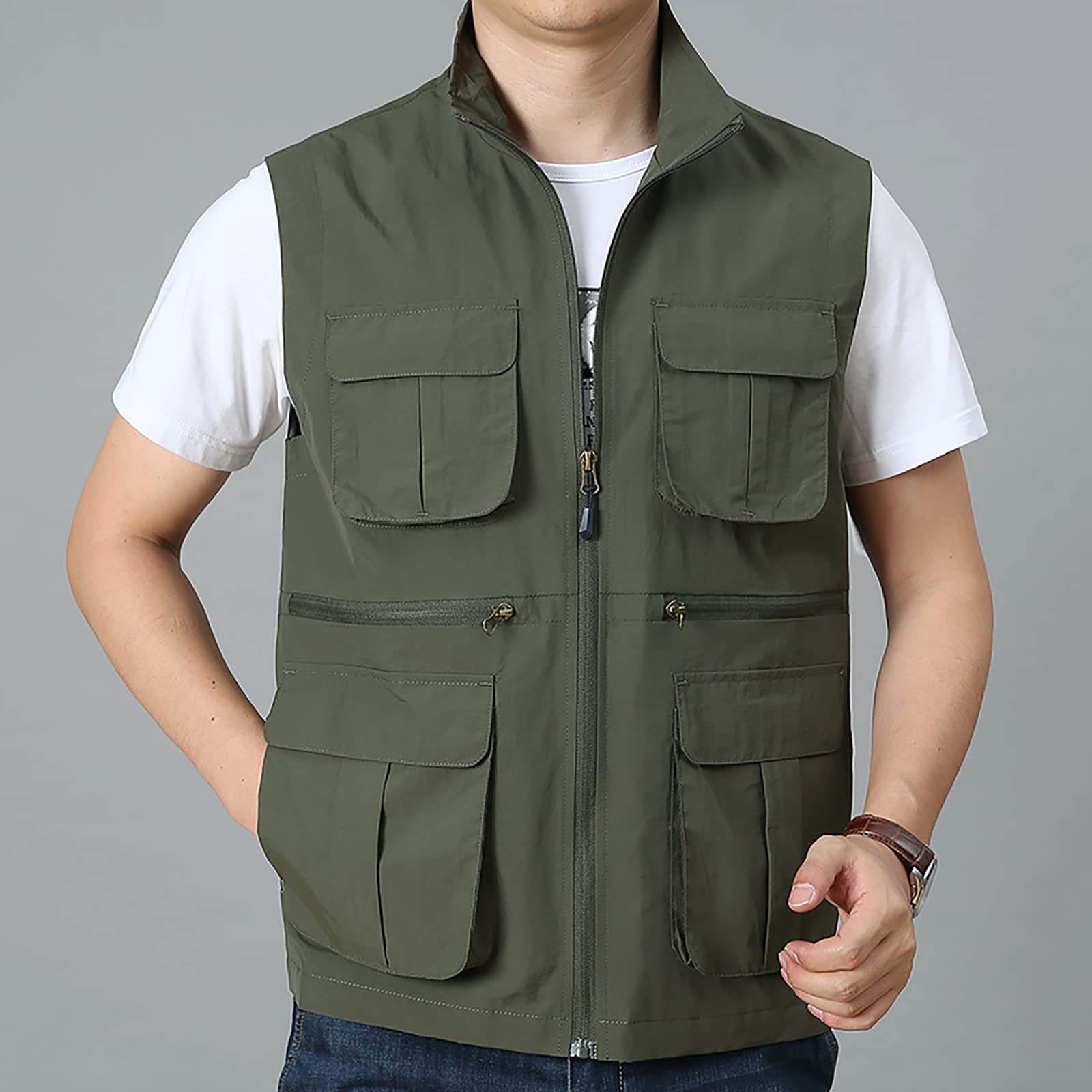 Hombres Chaleco de Pesca con Multibolsillos Respirable Viajes Senderismo Chaleco(Size:3XL,Color:Verde)