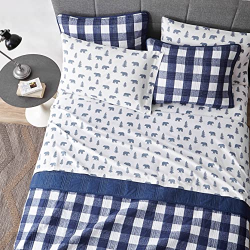 Image of Eddie Bauer - Flannel Sheets Full Size, Anti-Pilling & Wrinkle Resistant Cotton, Touchably Soft for All-Season Comfort - Bed Sheets with Matching Pillowcases & Fitted Sheet (Bears and Trees Blue)
