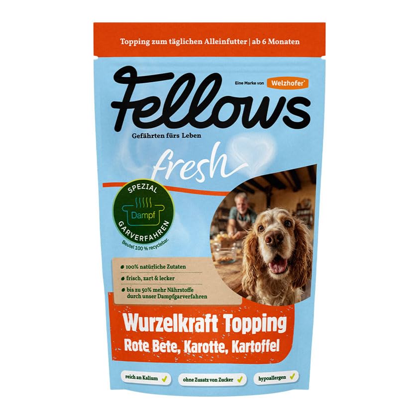 Fellows Wurzelkraft Topping für Hunde - Ergänzungsfuttermittel mit Rote Bete, Karotte, Kartoffel, vegetarisch, Vitaminquelle, fördert Flüssigkeitsaufnahme, Hunde Eis geeignet, BARF-geeignet, 9 x 200 g