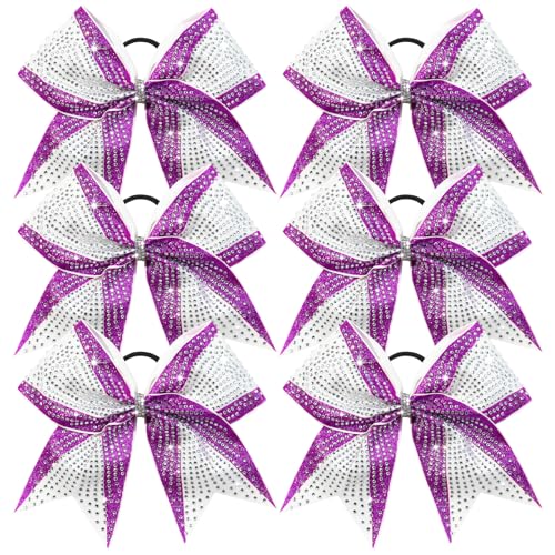 DEEKA 6PCS 8" Large Glitter Purple and White Cheer Bows Two Toned Rhinestones Stiff Cheer Hair Bows Elastic Band Competition Hair Accessories for Cheerleader Team Girls Sports -Purple/White