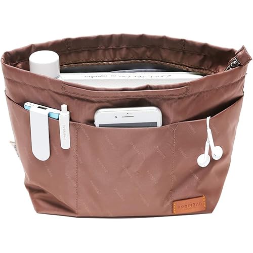 iN. Purse Organizer Insert with zipper, Nylon fabric Storage Bag with handles, for womens Handbags & Tote bags, neverfull, lightweight large sized Brown