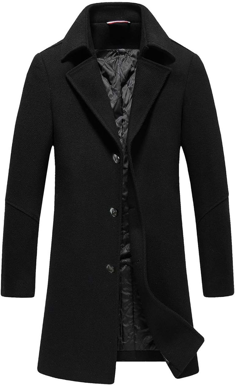 WTYT Men's Winter Wool Trench Coat Long Pea Coat with Big Pocket 8629 Black