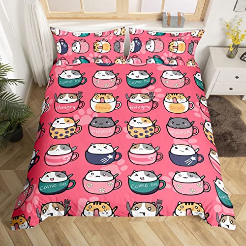 Juego de Ropa de Cama niños,de Gatos Gatitos,Individual,niñas,niños,Dormitorio,de Dibujos Animados,Taza de Animales,Gato,Funda de edredón Reversible Kawaii