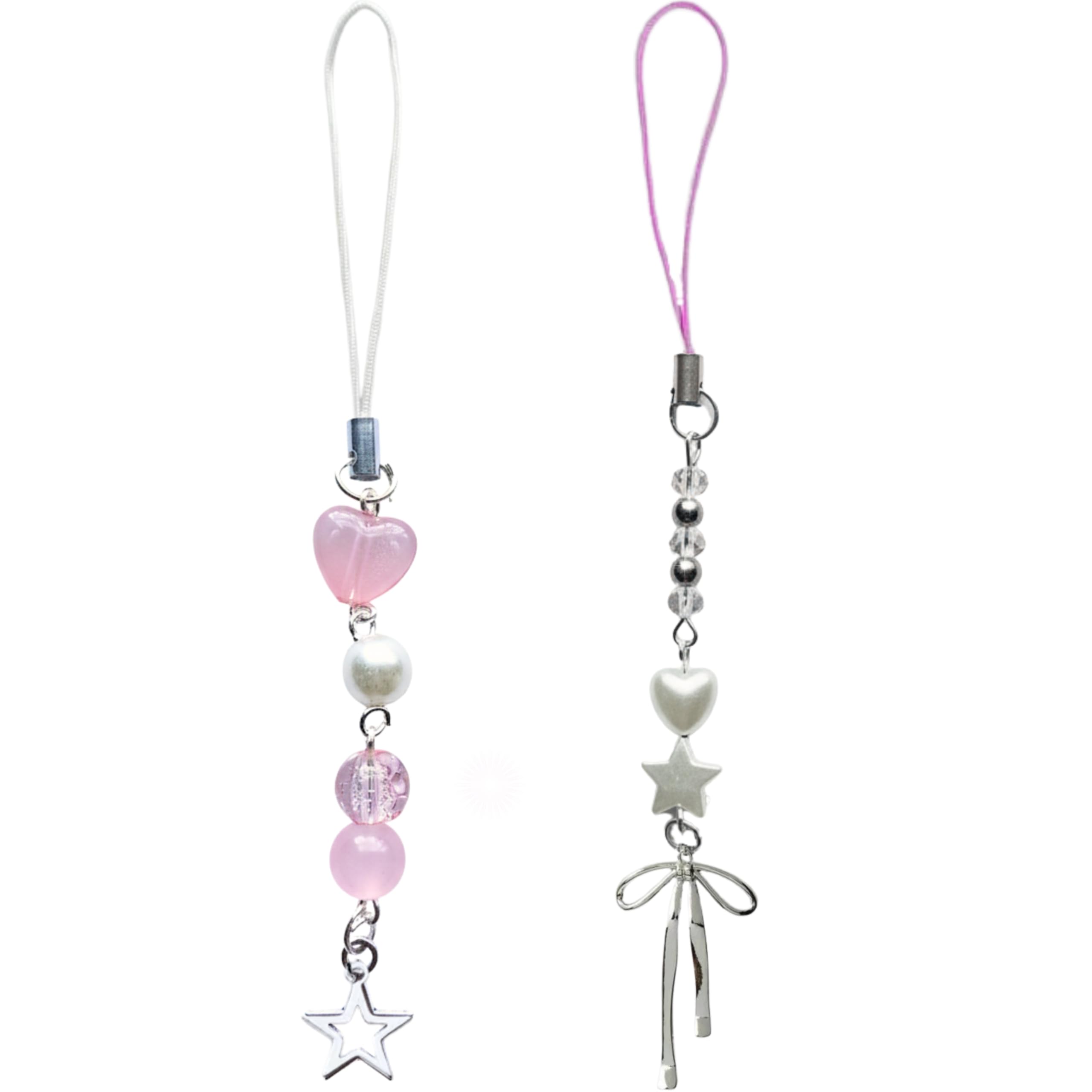 SNOWY SHOP 2pcs Baby Pink Pastel Silver Bow Phone Charm Set – Handmade Hanging Strap & Keychain | Cute Kawaii Girly Aesthetic Gift for Girls & Women-image-4