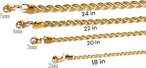 Miniatura 2 de Juego de 4 cadenas de cuerda chapada en oro, 0.079 in, 0.118 in, 0.157 in, 0.197 in, acero inoxidable chapado en oro para hombres y mujeres,
