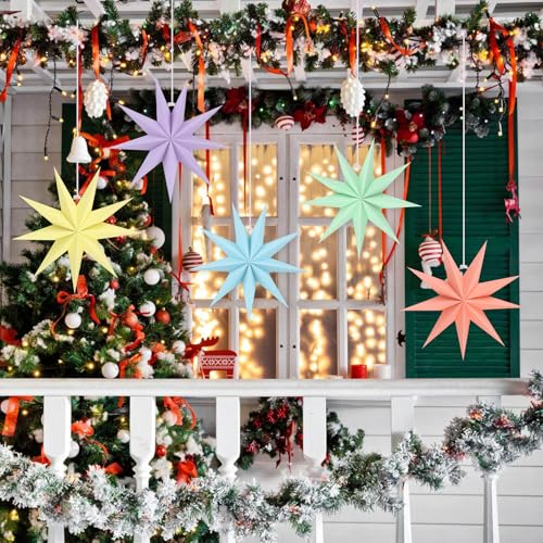 Image of 12 Inches 5 PCS Paper Star Lanterns Hanging Pastel Stars Christmas Party Decorations Pastel Lampshade Christmas Home Party Decorations(9 Pointed)